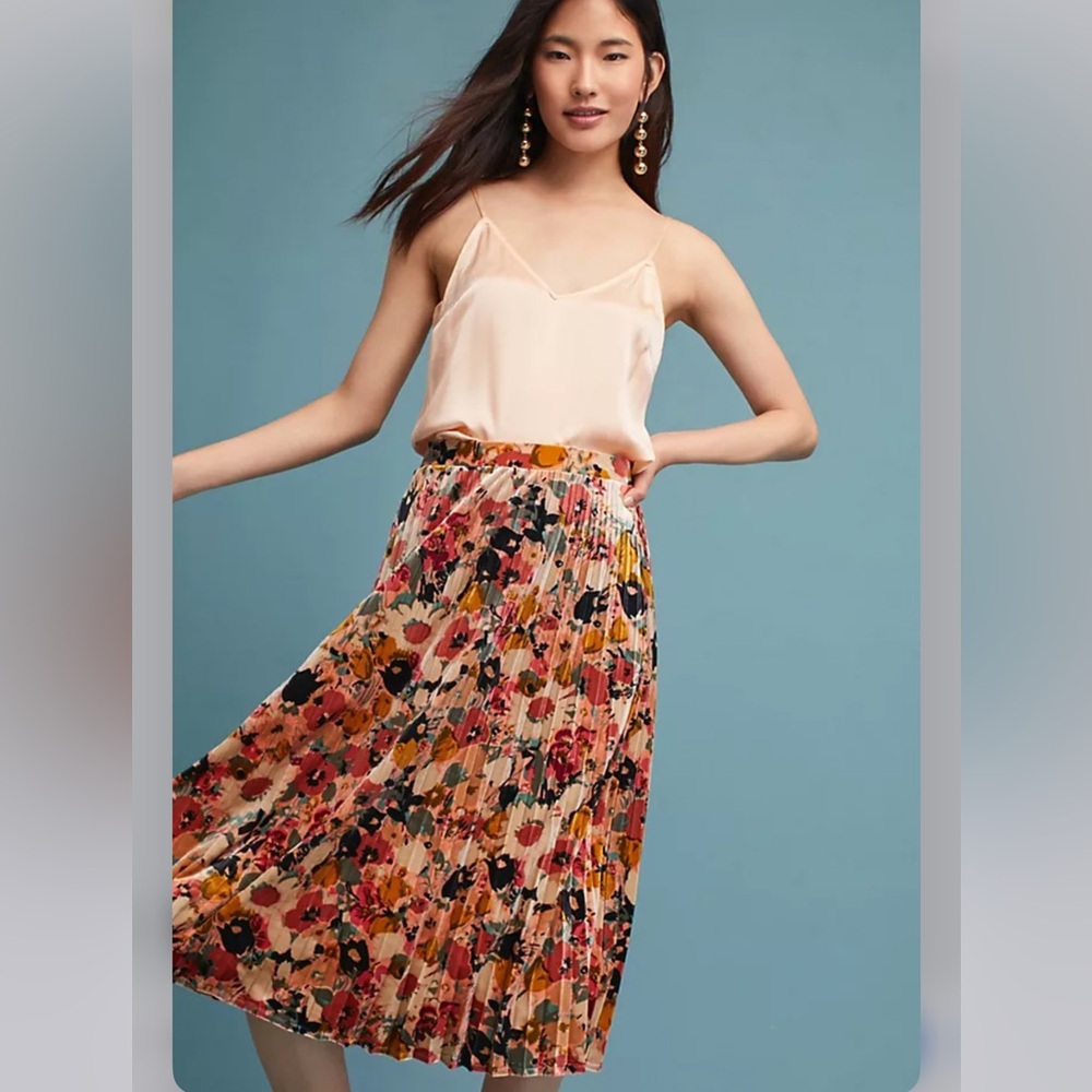 Anthropologie Maeve Velvet Floral Pleated Skirt